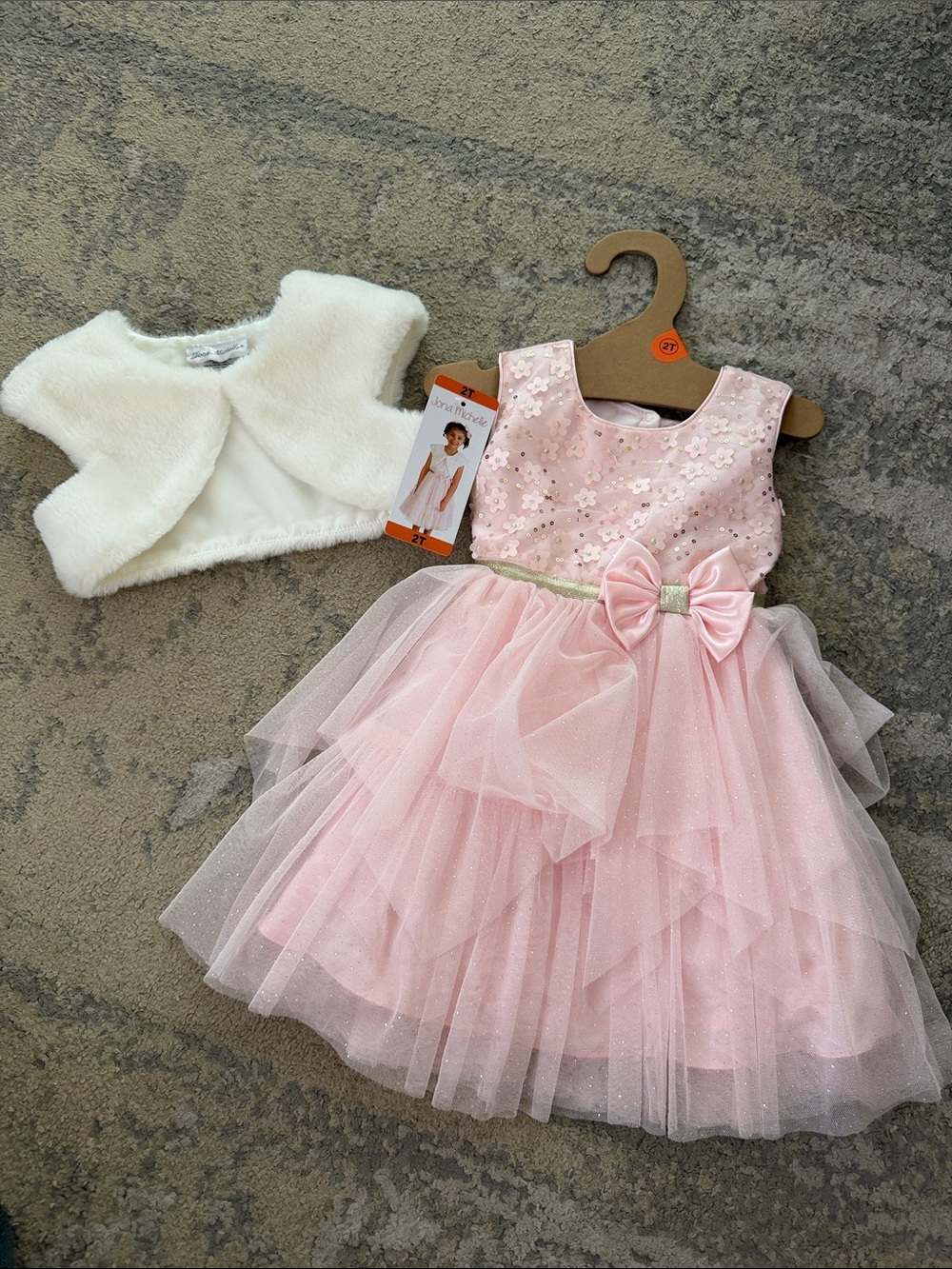 Jona Michelle Pink Floral Sequin Tulle Dress with Fur Bolero